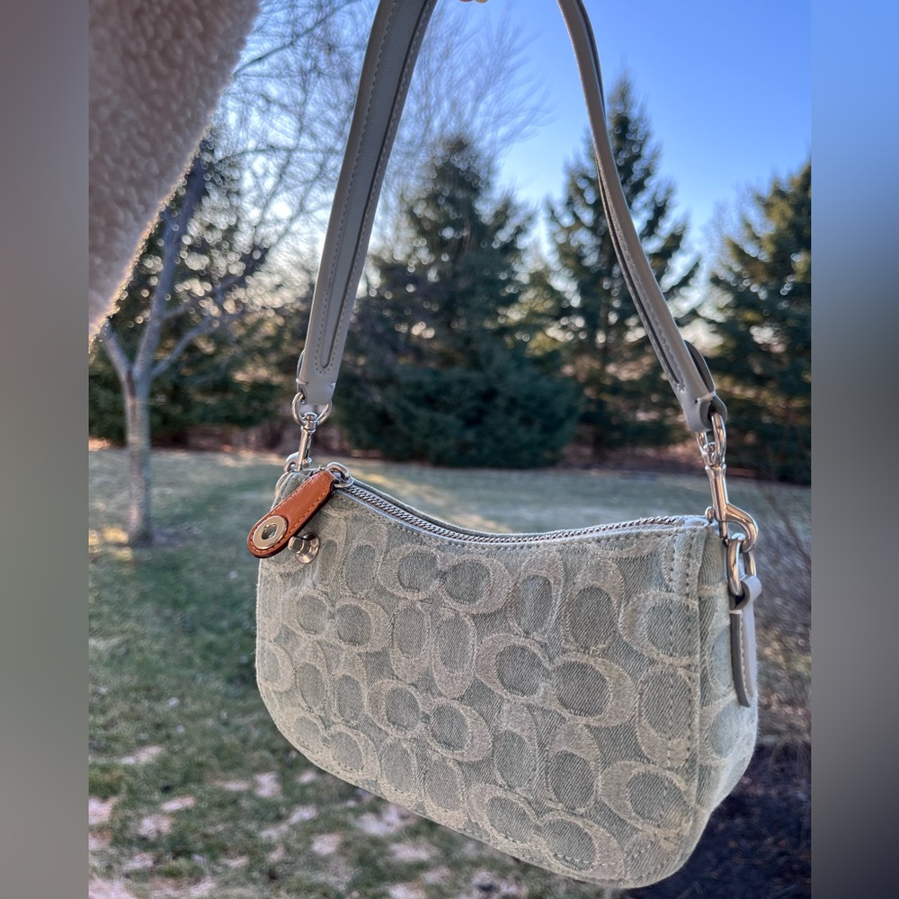 Coach swinger 20 signature denim crossbody bag purse silver blue shoulder bag - Picture 11 of 11